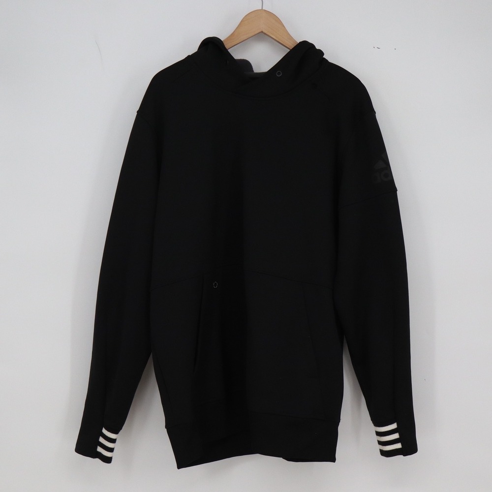 Adidas Hoodie Mens XL Pullover Black Three Stripe Cuffs Scuba Fleece Excellent
